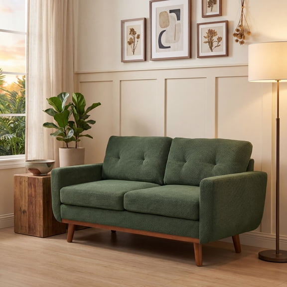 65" Modern Minimalist 2-Seater Sofa, Nubby Upholstered Loveseat with Solid Wood Legs, Tufted Cushion Mid-Century Couch for Living Room Apartment, Dark Green