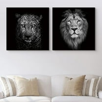 PixonSign Canvas Print Wall Art High Contrast Leopard & Lion Close-Up Animals Wildlife Photography Realism Romantics Dramatic Dark Black and White for Living Room, Bedroom, Office - 24"x24" x 2