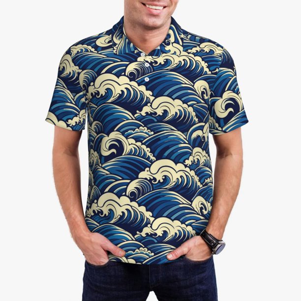 Fotbe Japanese Water Wave Camiseta Polo de Golf para Hombre con Estampado – Camisa Deportiva Transpirable con Cuello Abotonado-Large