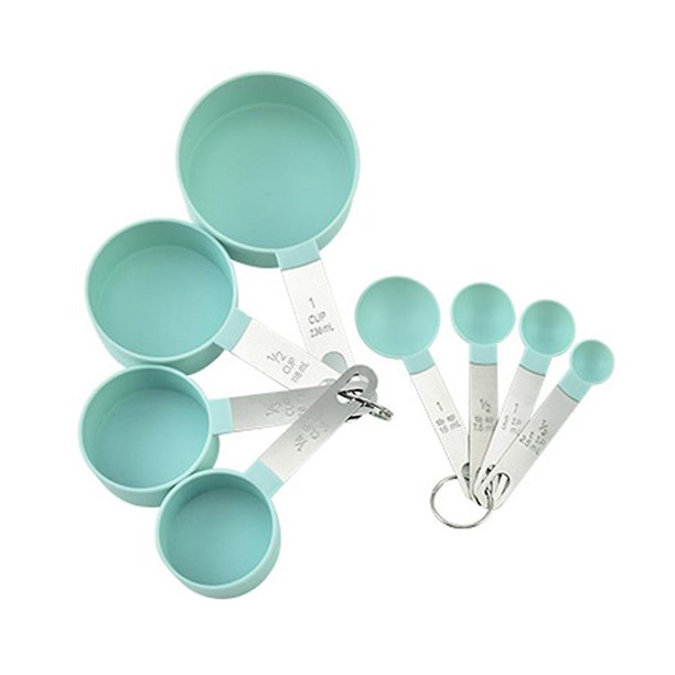 Juego de taza y cuchara medidora, juego de 8 piezas con mango de acero inoxidable apilable, cuchara de precisión para medir ingredientes secos y líquidos, cabezal de plástico S