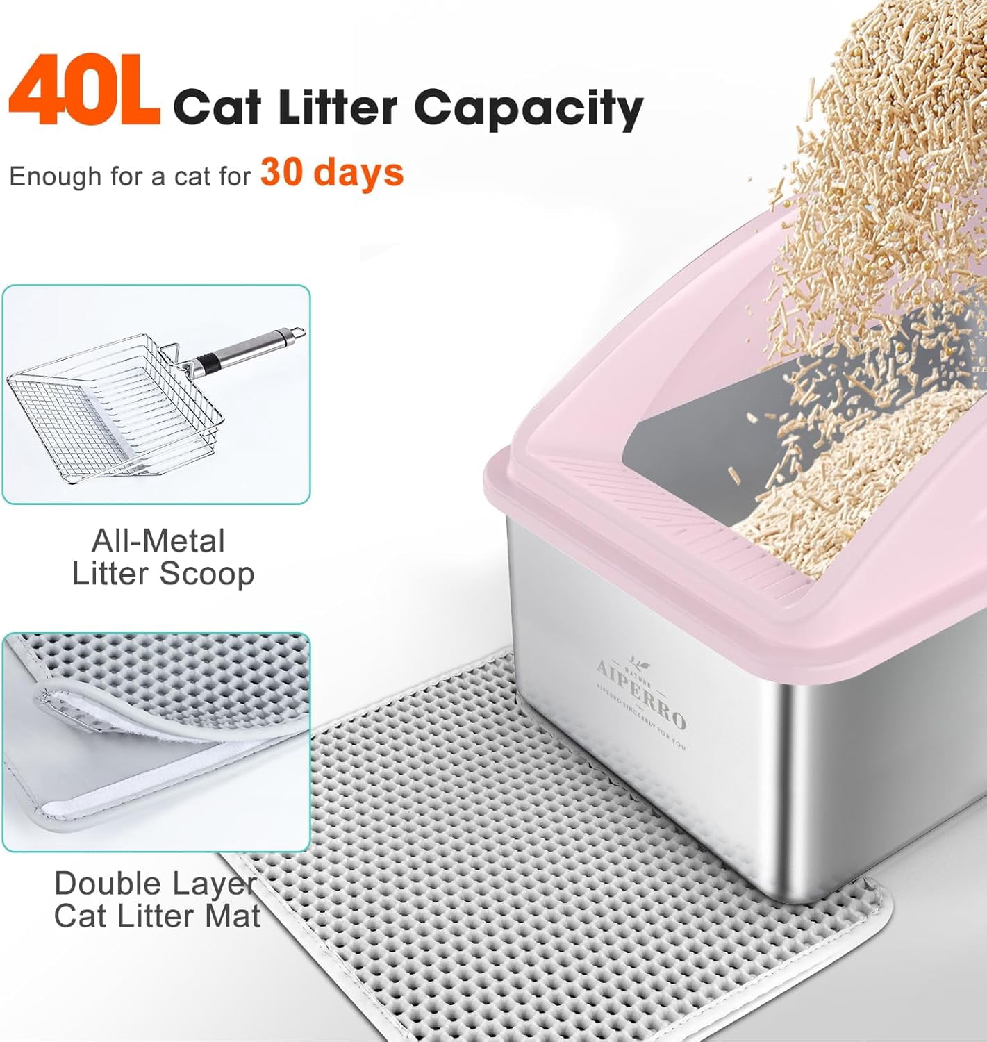High Sided, Anti-Urine Leakage Stainless Steel Litter Box, XL Enclosed Cat Litter Boxes with Lid for Big Cats, Non-Stick Bottom, Includes Litter Mat & Metal Scoop