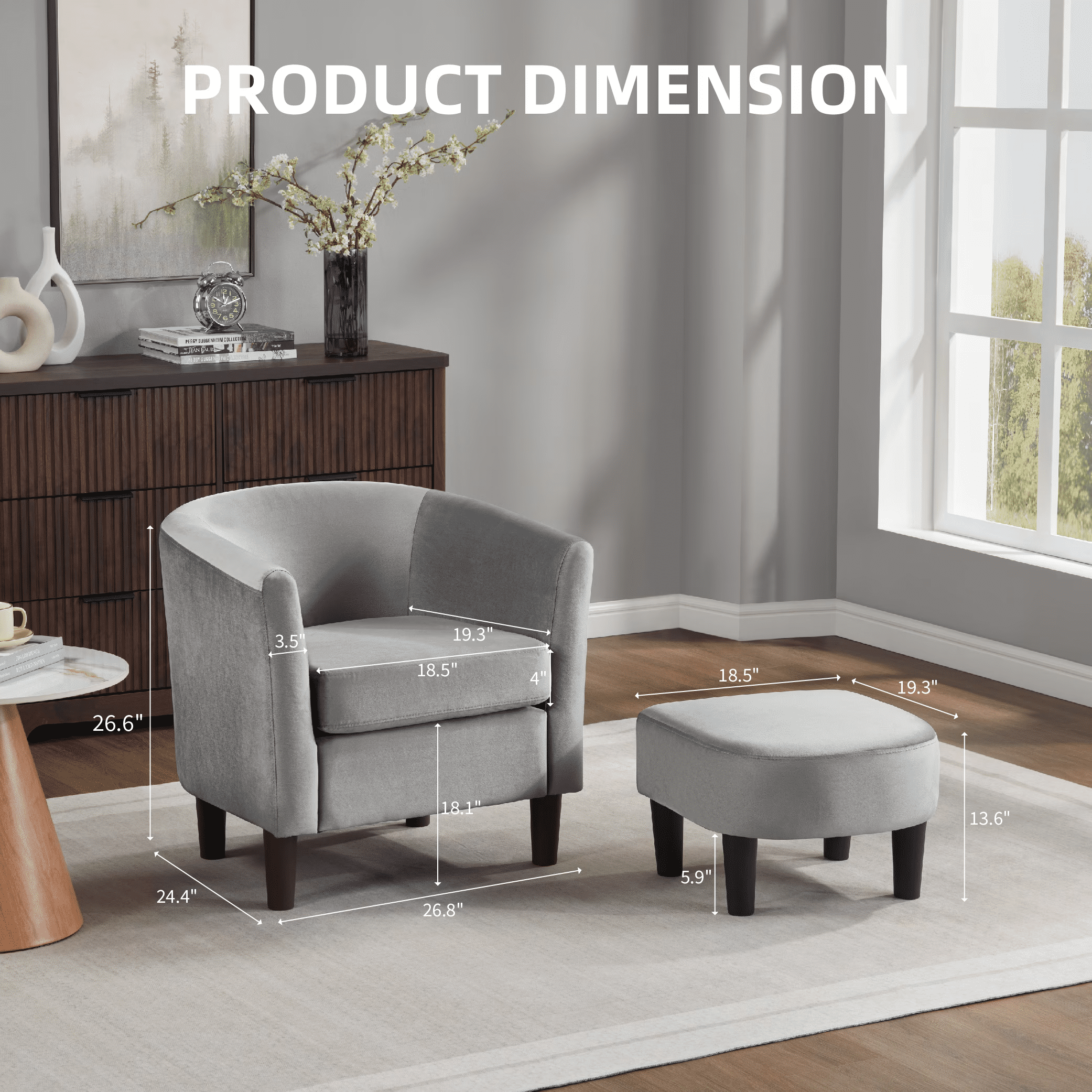 Accent Barrel Chair with Ottoman, Modern Club Chair Comfy Reading Armchair with Footrest for Living Room, Black