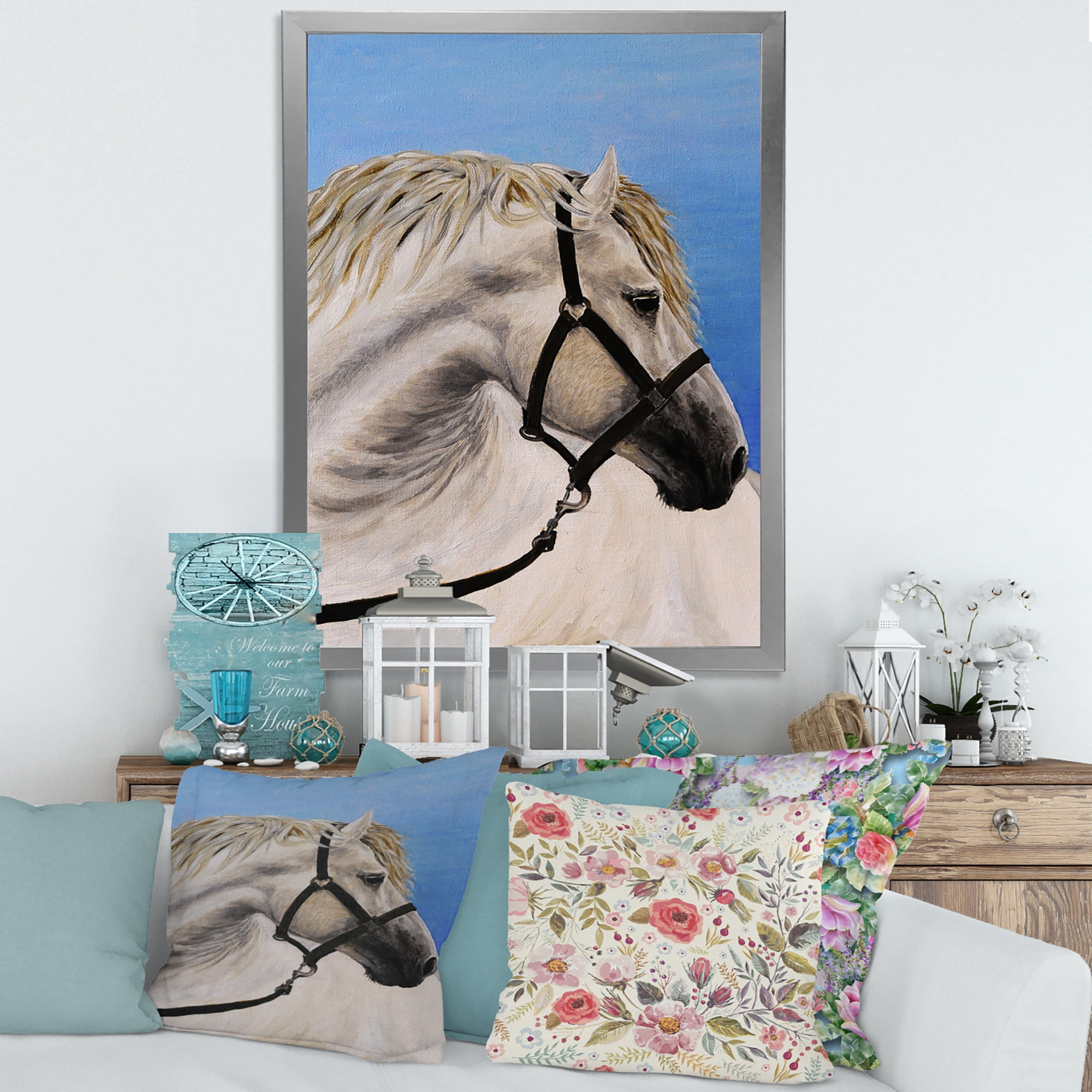 Designart 'Close Up Of White Horse In The Furrow' Farmhouse Framed Art Print