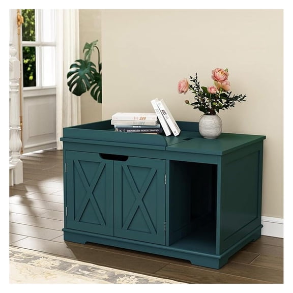 XLMD Cat Litter Box Enclosure Furniture, Litter Box Cabinet with Top, 31.5" Indoor Cat House Washroom for Kitty, Medium and Large Cat, Green