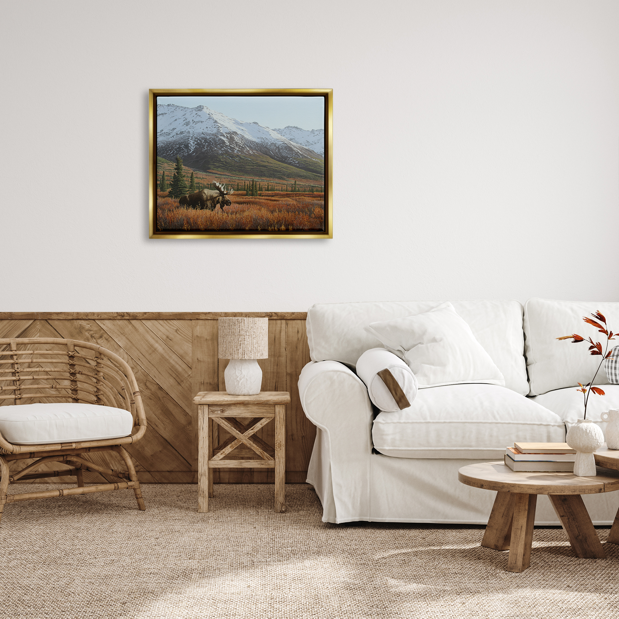 Stupell Industries Moose Rural Mountain Landscape Nature Painting Gold Floater Framed Art Print Wall Art, 31 x 25