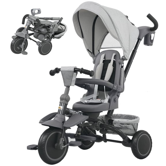 6 in 1 Kids Tricycle Adjustable Push Handle Removable Canopy Reversible Seat for 1 to 5 Years Gray