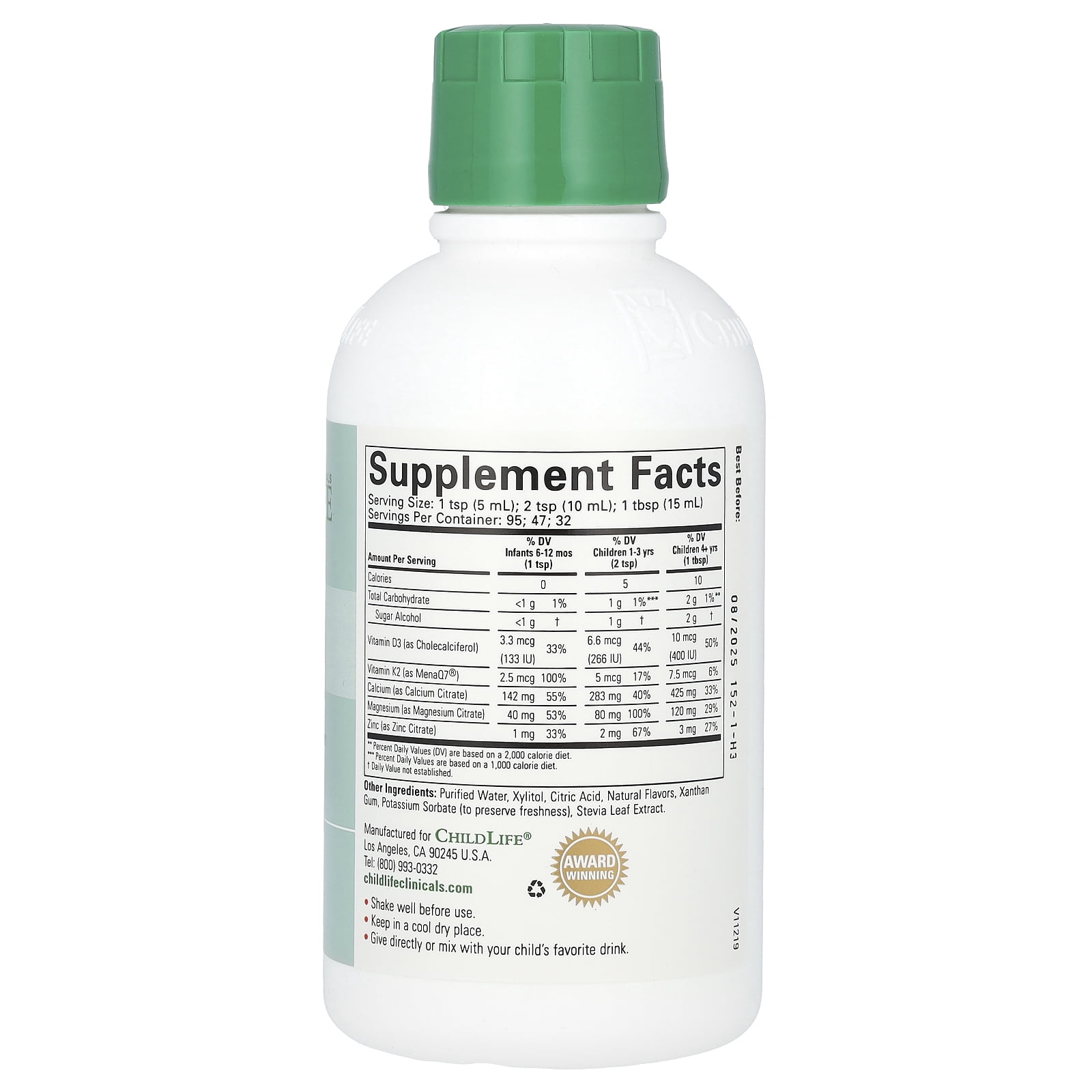 ChildLife Clinicals Liquid Calcium/Magnesium Formula with Vitamin D3 & Vitamin K2, Natural Orange, 16 fl oz (473 ml)