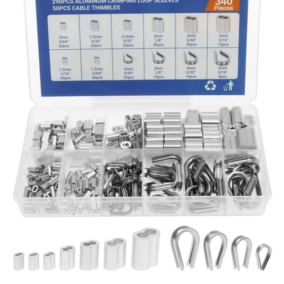 Aluminum Crimping Loop Sleeve with 304 Stainless Steel Wire Rope Cable Thimbles 7 Sizes Aluminum Crimping Loop Sleeve for Wire Rope