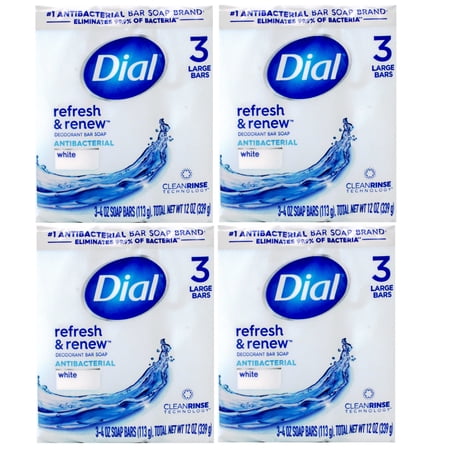 Dial Antibacterial Bar Soap, Refresh & Renew, White, 3 - 4 OZ Soap Bars - 4 Pack