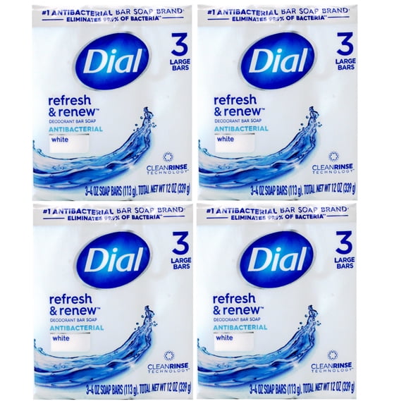 Dial Antibacterial Bar Soap, Refresh & Renew, White, 3 - 4 OZ Soap Bars - 4 Pack