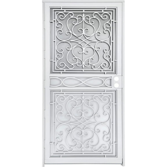 Grisham Deluxe Steel Security Door,36×80inch Iron Security Storm Door Conveys,Hand Forged Solid Steel Wrought Iron with Tempered Glass and Screen Panel(468White)