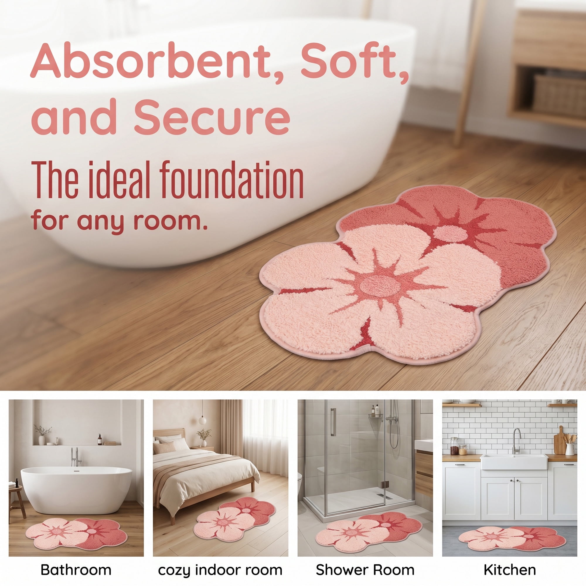 Unique Bargains Printed Rug Ultra Soft Absorbent Plush Bath Mat Red Flower 30" x 18"