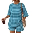 thumbnail image 2 of Sewkxo Two Piece Sets for Women Summer Lounge Short Sets Short Sleeve Crew Neck Sweatsuit with Pocket,Blue S, 2 of 6