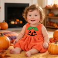 thumbnail image 6 of Toddler Girls Pumpkin Sleeveless Bubble Dress, Jack-o'-Lantern Face Outfit With Matching Leaf Headband Soft Fleece Halloween Costume for Party Cosplay Photo Wear(Orange1,4-5 Years), 6 of 6