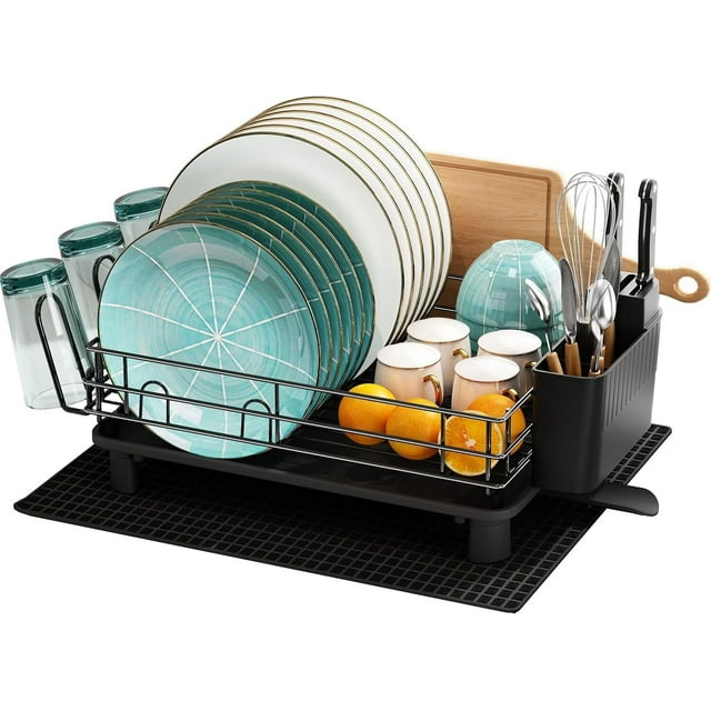 Escurridor de Trastes Acero Inoxidable para Encimera de Cocina, Escurridor de Platos Grande de un Solo Nivel para Fregadero con Porta Utensilios, Portavasos y Almohadilla de Secado (Negro)