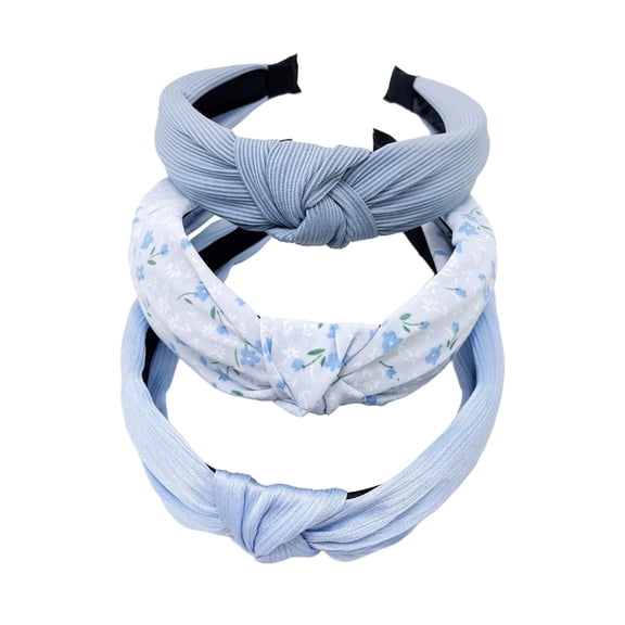 Krdevn 3pcs Knotted Headbands Floral and Solid Blue Wide Turban Style Headbands for Everyday Wear,One Size