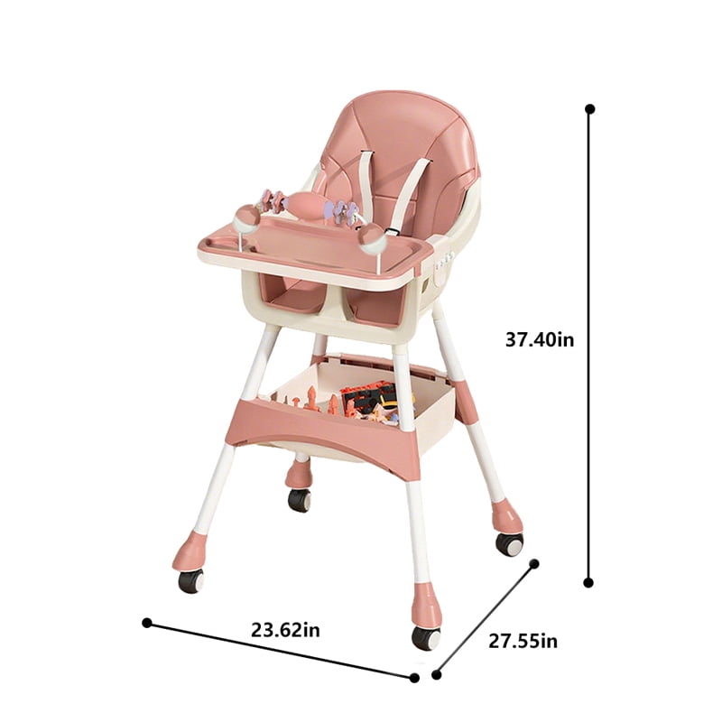 Wintline Portable High Chair,High Chairs for Babies and Toddlers,Multi-Use Easy Clean Baby High Chair with Lock Wheels, Comfortable Feeding and Place The Toy Storage Basket,Pink