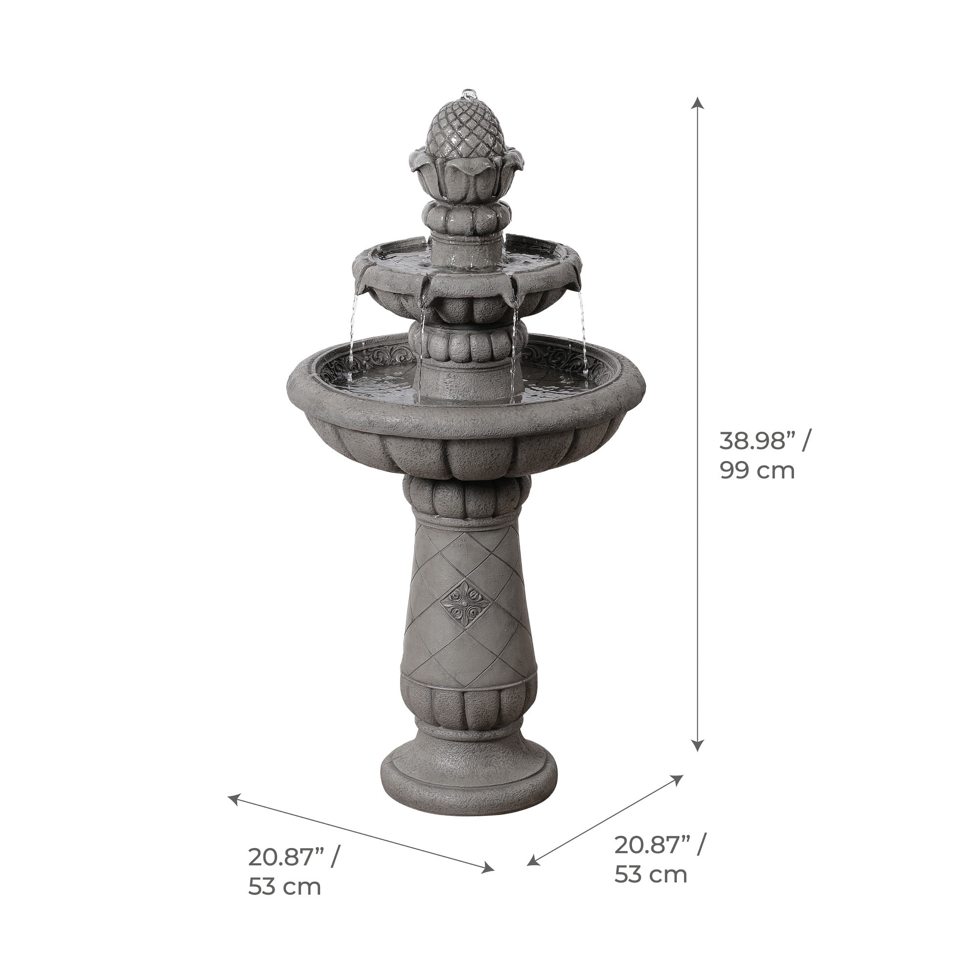 Teamson Home 2-Tier Birdbath Water Fountain Outdoor Garden–Shallow Basin with Built-In Electric Pump & Simple Setup, Gray