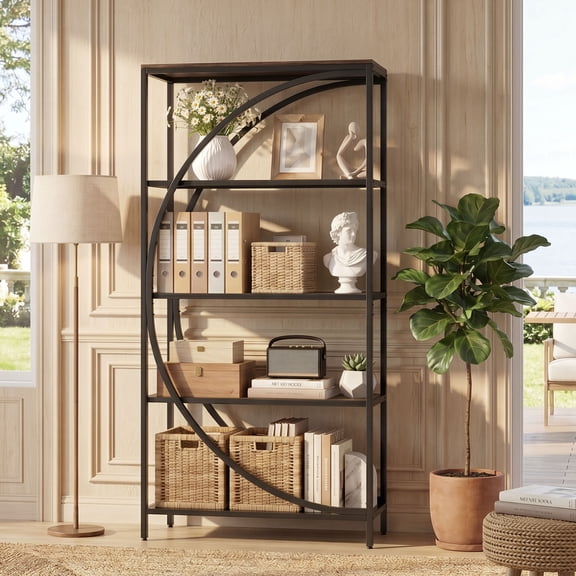 ELLEGNT 1 PCS Half‑Moon Industrial Etagere Bookcase – 5‑Tier, 65" Tall Bookshelf for Living Room or Office