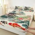 thumbnail image 4 of Feelyou Lake Lotus Fish Twin Sheet Sets, Chinese Style Garden Twin Fitted Sheet, Vintage Watercolor Flat Sheet, Microfiber Bedroom Decor, 3-Piece, 4 of 8