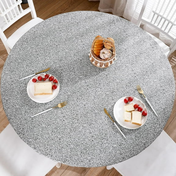 Round Vinyl Fitted Tablecloth with Flannel Backing Elastic Edge Design Table Cover Waterproof Oil-Proof Plastic Table Cloth Stain-Resistant Wipeable for 45"-52" Round