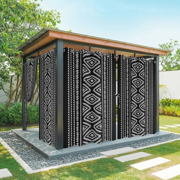 Black Bohemian Outdoor Curtains for Patio, Vintage Farmhouse Waterproof Outside Curtains Privacy Blackout Curtain for Porch Pergola Cabana, 2 Panel 54W x 84L Inch
