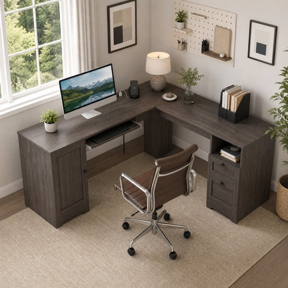66" Farmhouse L Shaped Desk with Power Outlets, Large Computer Desk with Drawers, Home Office Desk,Dark Gray