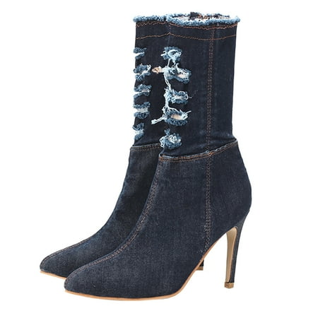 

HOMEMAXS 1Pair Elastic Thin Heels Boots Denim High-heeled Boots Autumn Winter Shoes