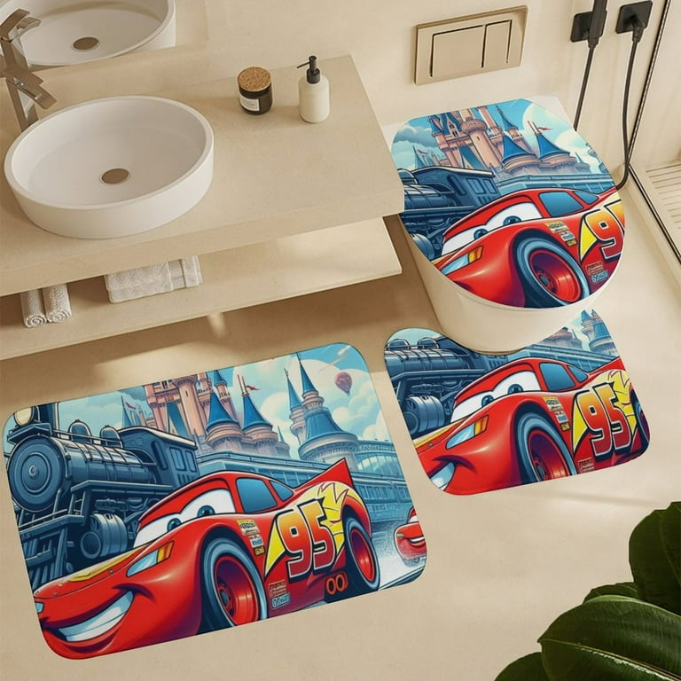 Cars Lightning McQueen 4PCS Shower Curtain Bathroom Set with Rugs Toilet Lid Cover And Bath Mat Shower Curtain with 12 Hooks Durable Bathroom Decor