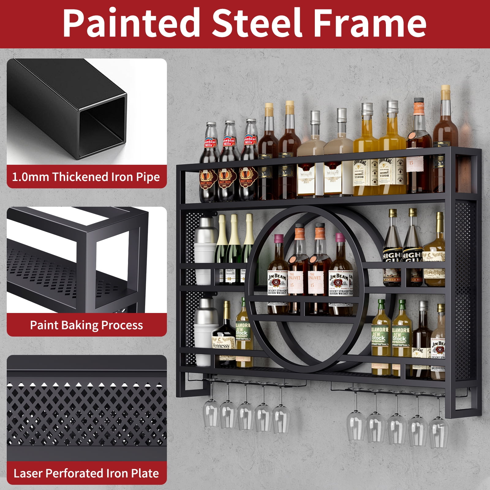 3-Tier Wine Rack Wall Mounted [NO ASSEMBLY REQUIRED], 39"Floating Bar Shelves with Wine Glass Holder Hanging Liquor Shelf Wall-Mounted Wine Racks Cabinets for Home Bar