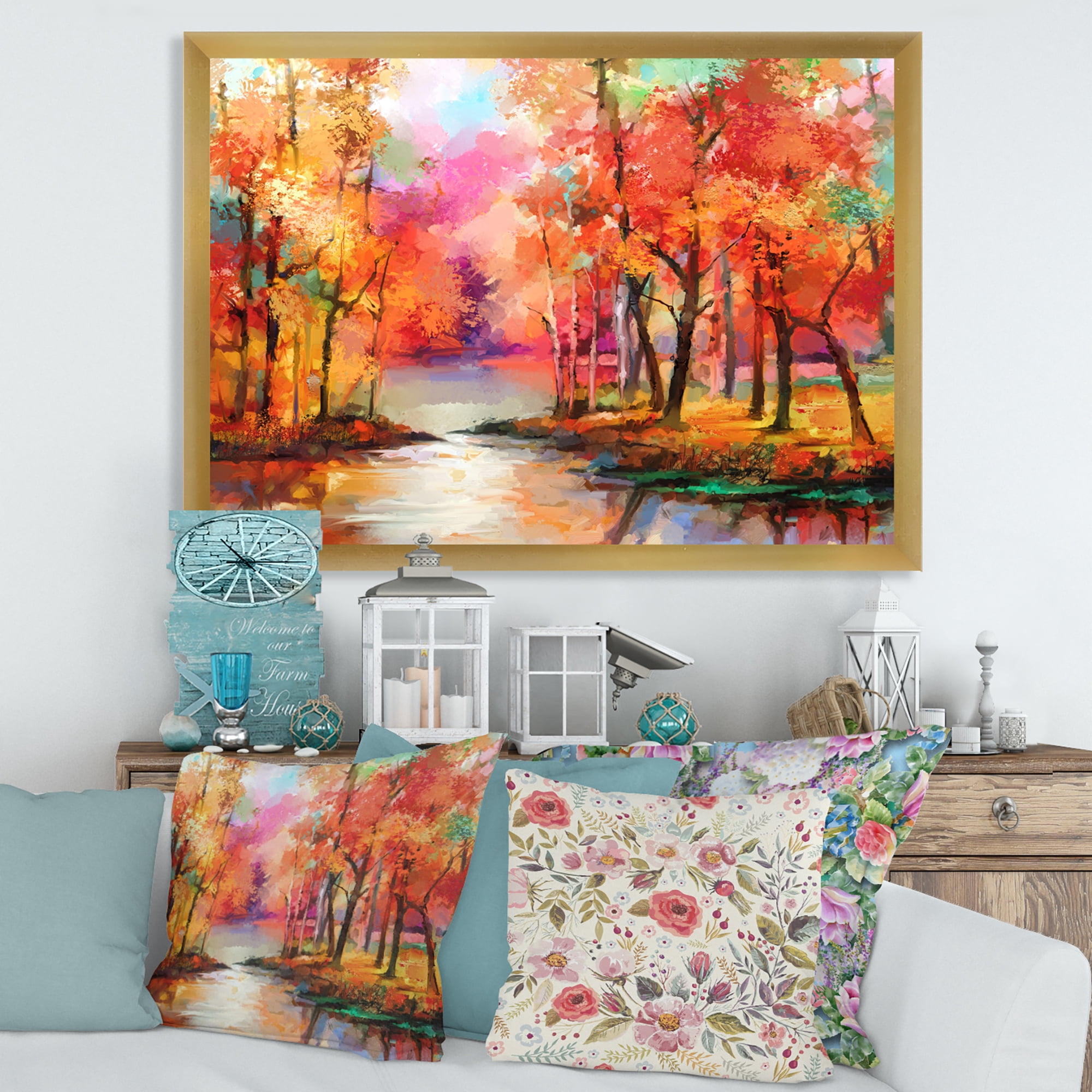 Designart 'The Lake In Autumn By Colorful Autumn Trees' Modern Framed Art Print