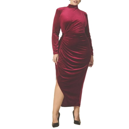 ELOQUII Women s Plus Size Mock Neck Velvet Dress With Slit