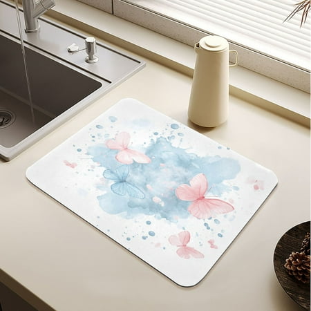 

Pink and Blue Butterflies Drying Mat Diatomaceous Earth Super Absorbent Slip Rubber Sole Heat Resistant 230 Degrees Fahrenheit 23.6×19.7in