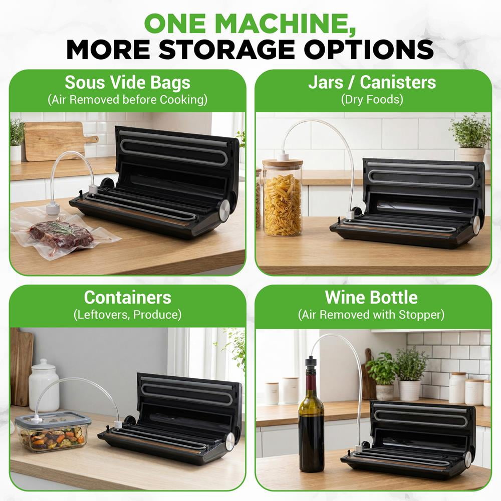 NutriChef Vacuum Sealer Machine – 80kPa Food Vacuum Sealer with Built-in Cutter, Bag Storage, Suction Hose, 1 Bag Roll & 5 Vacuum Bags for Freezer Meal Prep & Portioning (14" x 7" x 3")