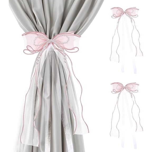Bowknot Curtain Tiebacks With Pearls Ribbon Pink 2 Pieces