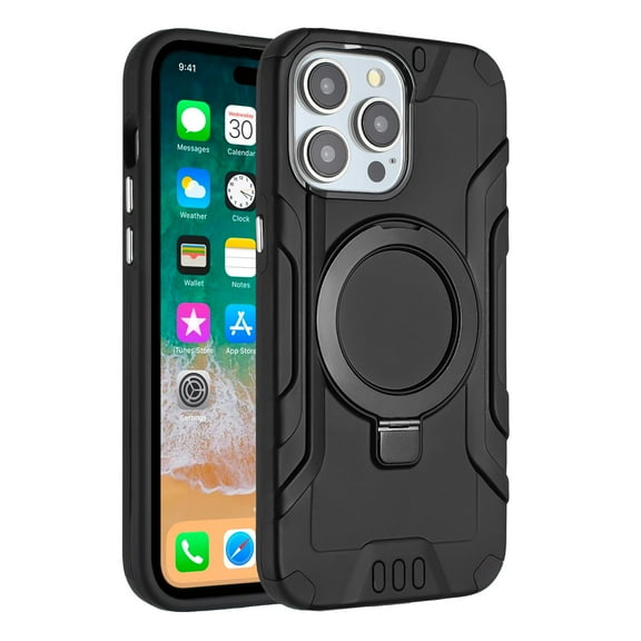 For Apple iPhone 15 /6.1" Brushed Armor Rugged Hybrid with Invisible Magnetic Circle Kickstand Shockproof Hard PC Protective Cover ,Xpm Phone Case [ Black ]