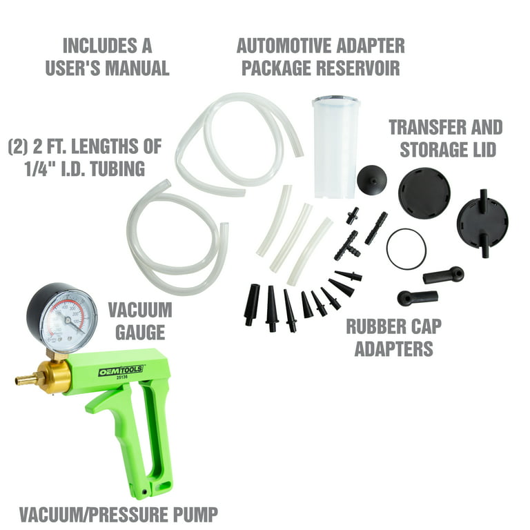 OEMTOOLS 25136 Automotive Tune-Up and Brake Bleed Kit w/ Vacuum Gauge,  No-Mess, No-Leak Brake Bleeder Kit Adapters, Green Hand Vacuum Tester