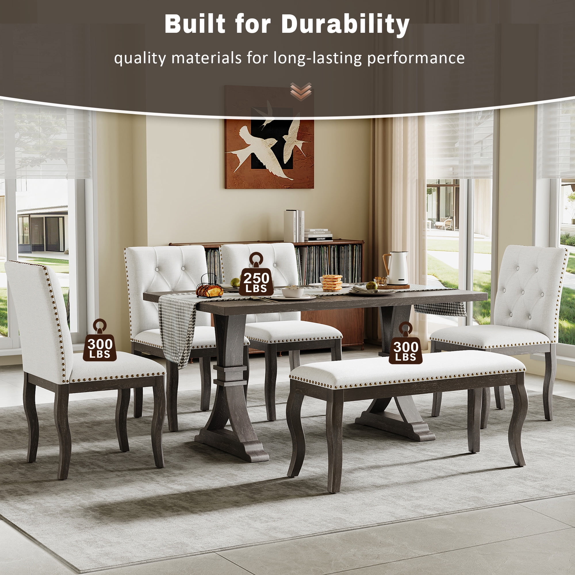 Euroco 6 Pieces Dining Table Set for 6, Solid Wood Kitchen Table Set with 4 Upholstered Chairs and Bench, Rectangular Dining Furniture Set,Espresso