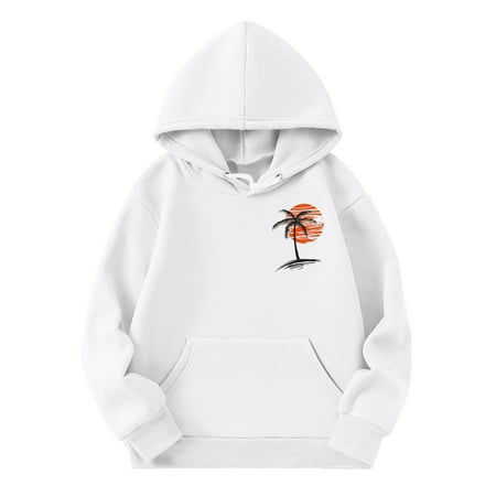 

Casual Girls Sweatshirt Cute Hoodies Sports Shirt Boy Fashion Coconut Tree Print With Pocket Suitable For Teen Soft Kids Clothing Pullover Tops White 5-6 Years