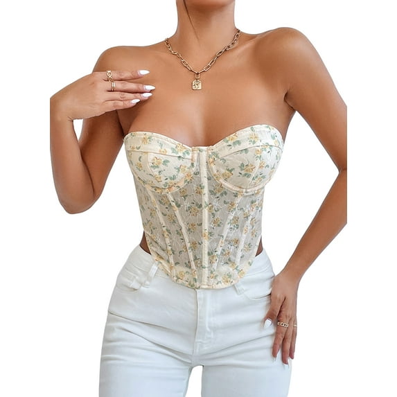 Biekopu Women Summer Tube Top, Strapless Backless Tie-up Flower Print Vest Corset Waist Shaper
