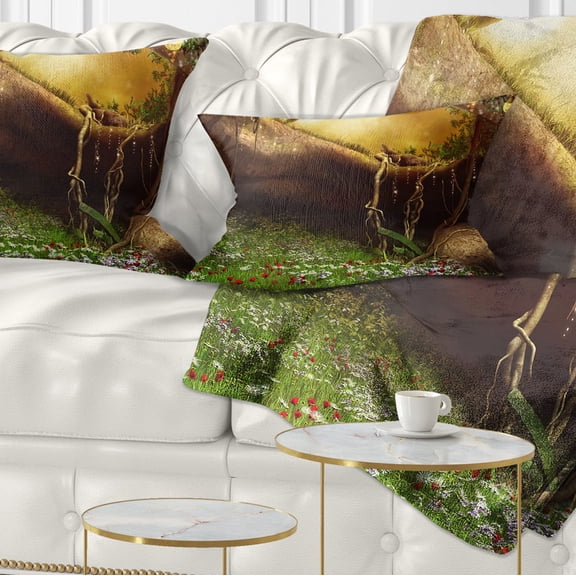 Designart Enchanted Cave with Flowers - Landscape Printed Throw Pillow - 12x20