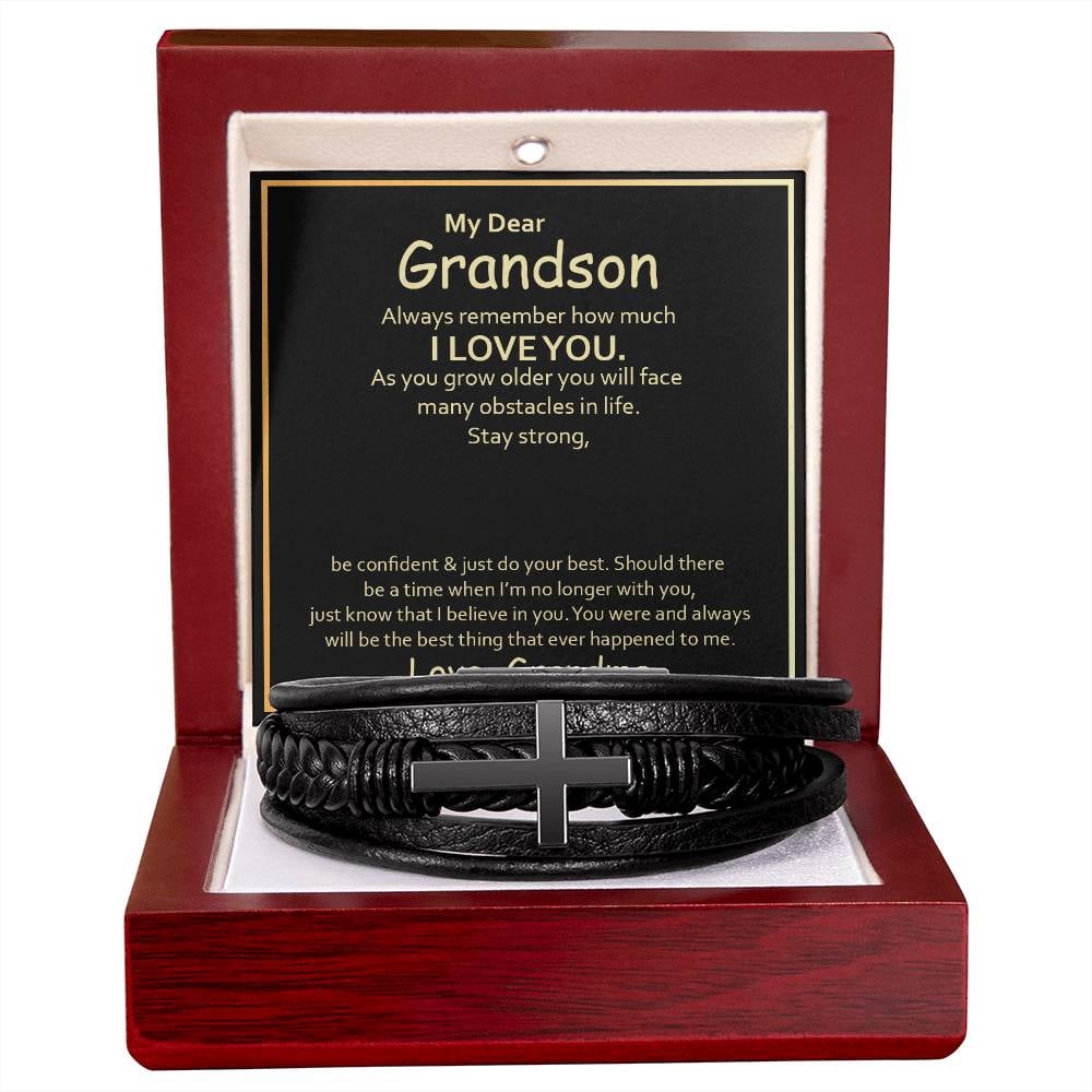 To My Grandson Always Remember How Much I Love You Men's Cross Bracelet - Vegan Leather with Stainless Steel