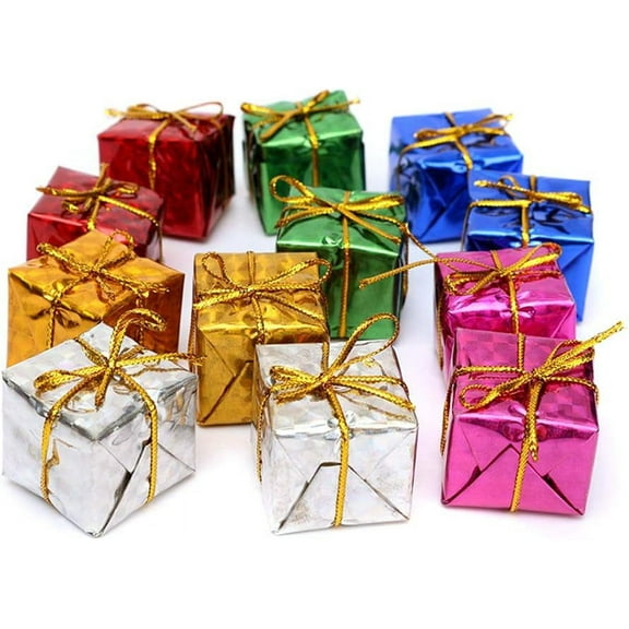 Christmas Foam Gift Box 12 Pcs Shiny Medium Boxes Ornaments 2.36 inch Metallic Foil Wrapped Miniature Package Centerpiece for Xmas Tree Indoor Outdoor Hanging Pendant ,Random Color