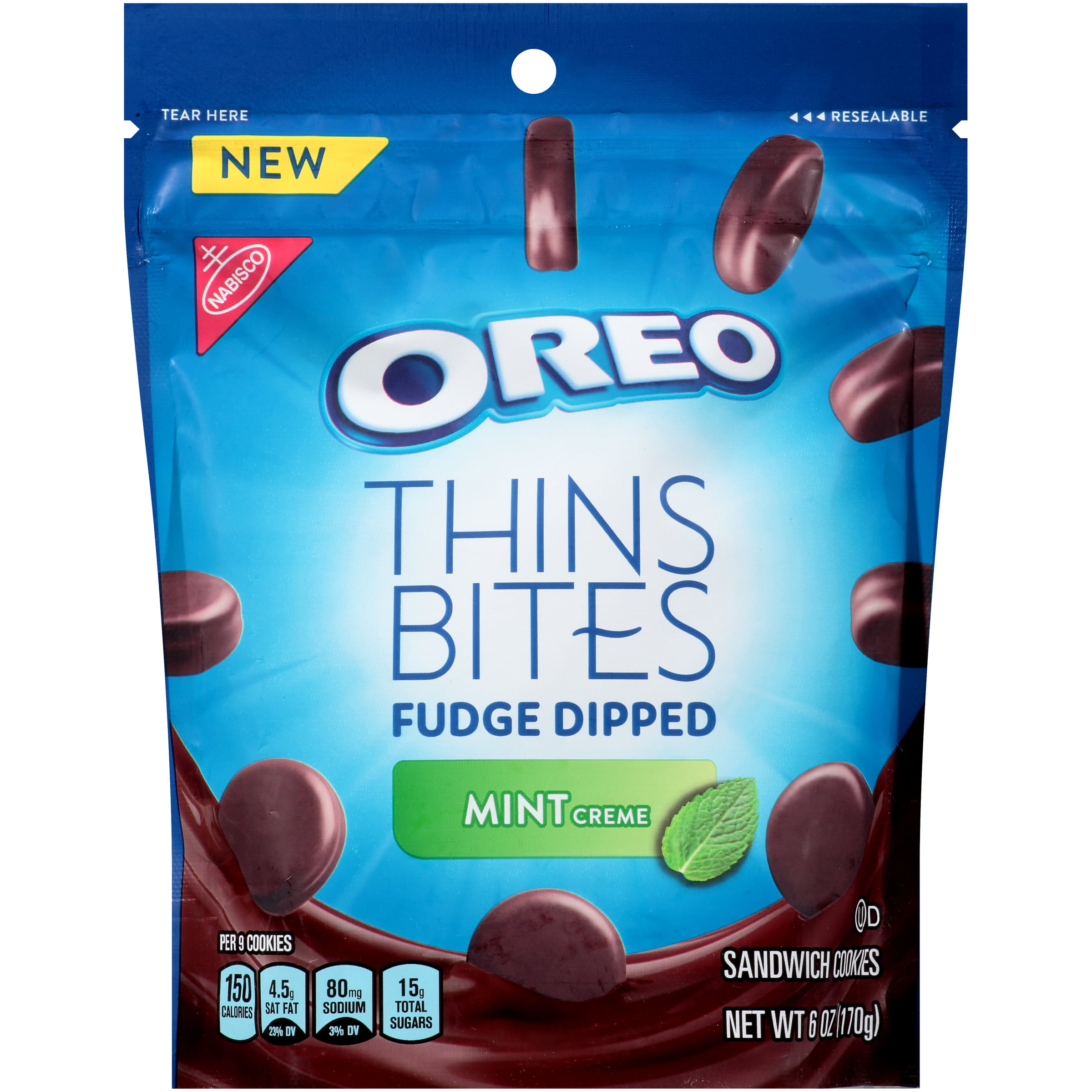 OREO Thins Bites Fudge Dipped Chocolate Sandwich Cookies, Mint Flavored Creme, 1 Resealable 6 oz ...