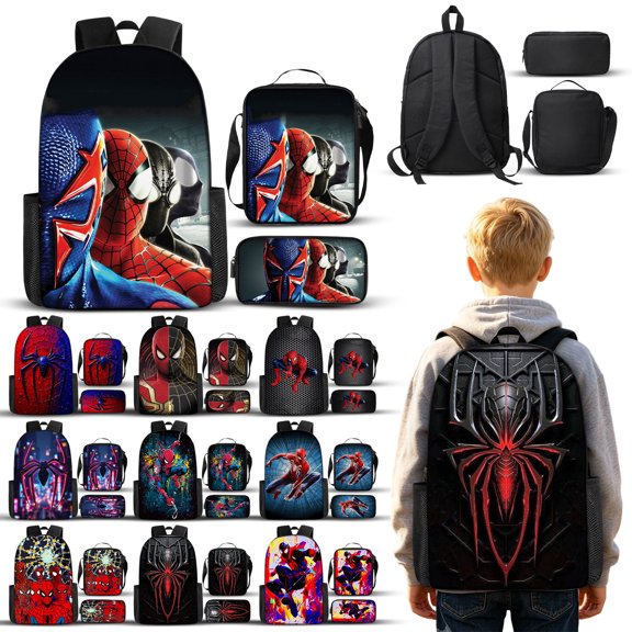 3Pcs Superhero Heavy Duty Student Rucksack with Hero Spider Web Motif Large Capacity School Backpack Set for Teenagers Multi Pocket Travel Bookbag