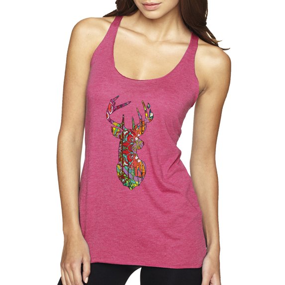 Trippy Colorful Buck Head Rainbow Hunting Deer Mosaic | Womens Animal Lover Premium Tri-Blend Racerback Tank Top, Vintage Pink, Medium