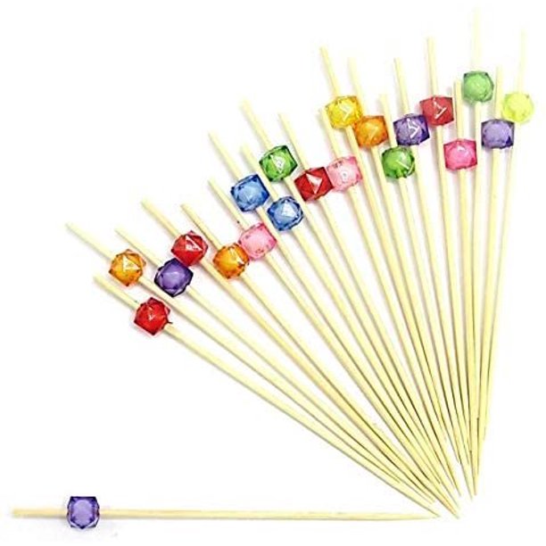 Natural Wooden Bamboo Cocktail Picks With Colorful Pearls For Party Decoration Mini Skewer