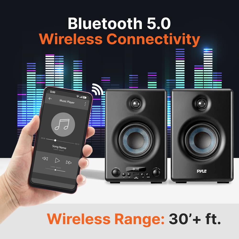 Pyle HiFi Active Bookshelf Speaker W/ Bluetooth Audio Stereo Monitor Speaker System, 300W (Black)