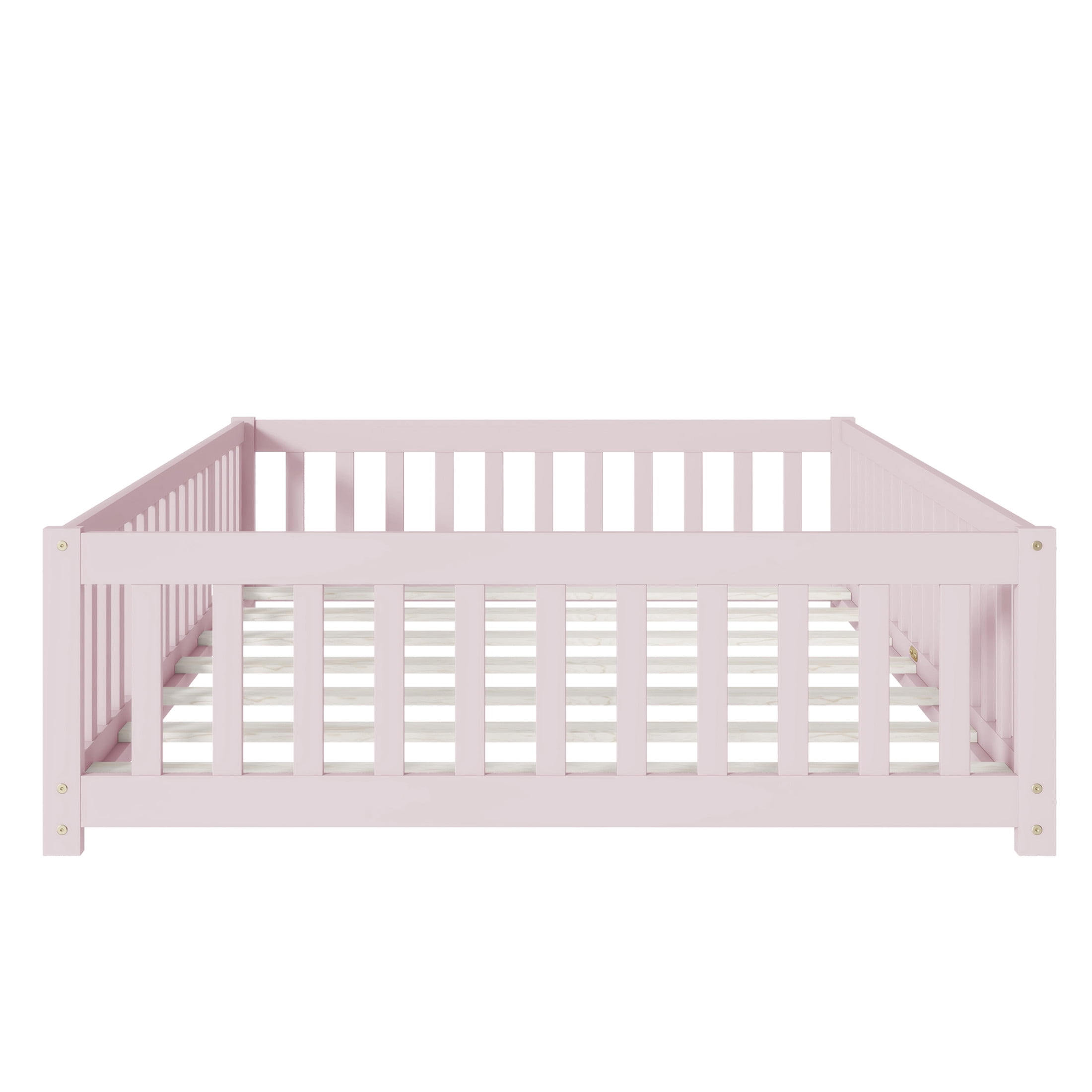 Noble House Mira Full Floor Bed with Fence and Door, Sturdy Rubber Wood Montessori Bed Frame, Kid's Room, Pink