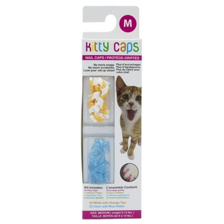 UPC: 0742797787060 | Kitty Caps Nail Caps for Cats | Safe  Stylish & Humane Alternative to Declawing | Stops Snags and Scratches  Medium (9-13 lbs)  White with Orange & Clear with Blue Glitter
